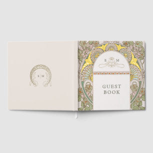 Bougainvillea Navy Blue Gold Wedding Art Nouveau Foil Guest Book
