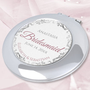 Bridesmaid Gift Elegant Dusty Rose & Silver Lace Compact Mirror