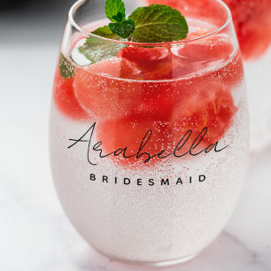 Bridesmaid Modern Minimalist Script Bachelorette Stemless Wine Glass