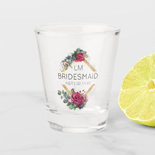 Bridesmaid Red Rose Wedding Date Monogrammed Shot Shot Glass