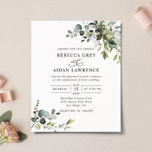 Budget Dusty Blue Greenery Wedding Invitation