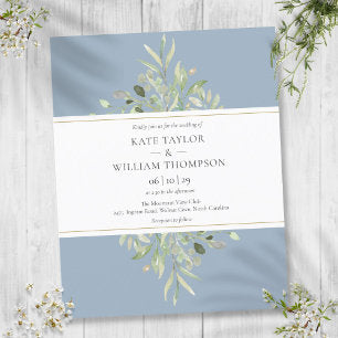 Budget Greenery Dusty Blue Wedding Invitation