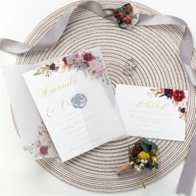Burgundy Floral Wedding Invitations With Matching Vellum Paper Wrap And Wax Seal Swpi080