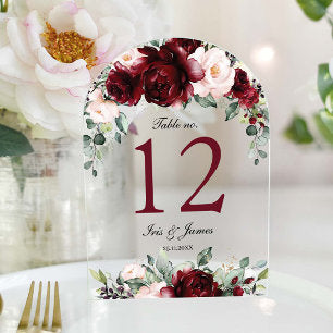 Burgundy Blush Floral Wedding Arch Table Number