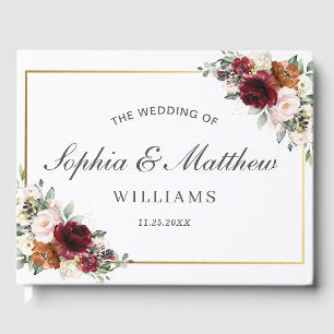 Burgundy Blush Rust Orange Floral Greenery Wedding Guest Book