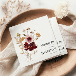 Burgundy Boho Fall Floral Photo Wedding Invitation Napkins