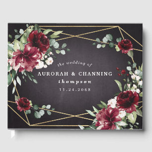 Burgundy Red Black and Gold Floral Elegant Wedding Guest Book