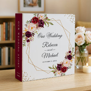 Burgundy Red Floral Gold Geometric Wedding Albums 3 Ring Binder