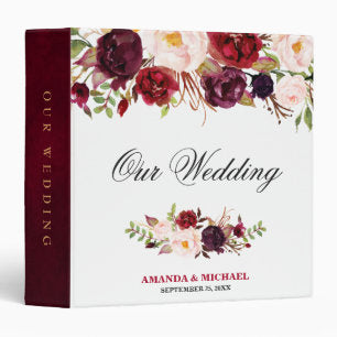 Burgundy Red Floral Rustic Boho Wedding Album 3 Ring Binder