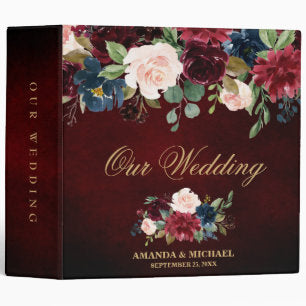 Burgundy Red Navy Floral Rustic Boho Wedding Album 3 Ring Binder