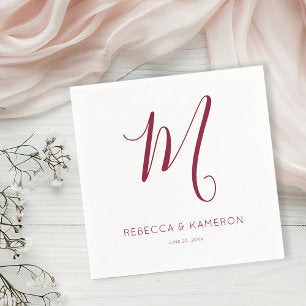 Burgundy & White Simple Elegant Monogram Wedding Napkins