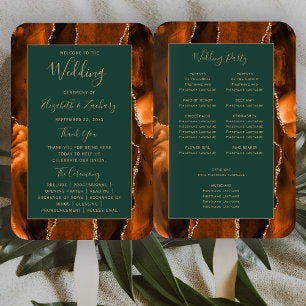 Burnt Orange Gold Agate Dark Green Wedding Program Hand Fan