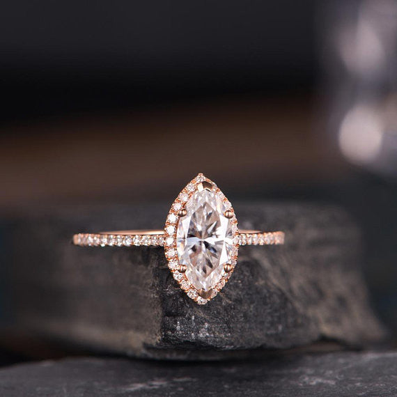 1ct Rose Gold Moissanite Engagement Ring Marquise Shaped Bridal Wedding Ring Halo Diamond Half Eternity Band Women Anniversary Gift