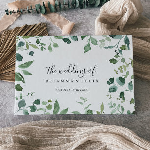 Calligraphy Script Green Foliage Wedding Guest Book