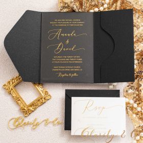 Modern Acrylic Wedding Invitation Suite with Gold Lettering and Black Pocket CAPL005