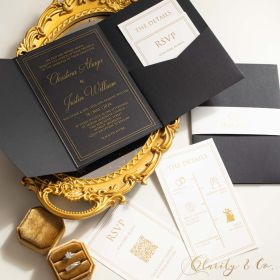 Modern Gold Border Acrylic Wedding Invites with Black Pocket CAPL012