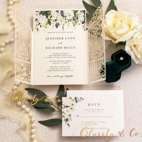 Elegant Floral Acrylic Wedding Invitations with Gate Inspired Laser Cut Wrap CAPL027