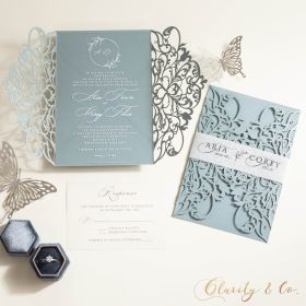 Elegant Dusty Blue Laser Cut Warps With Monogram Wedding Invitation And Transparent Velum Belly Band CAPL030