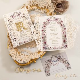 Vintage Blush Floral Acrylic Wedding Invitation with Laser Cut Wrap and Name Tag CAPL096T