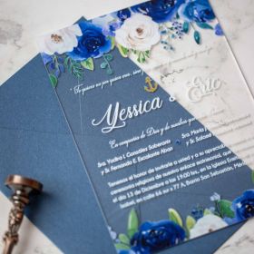Classic Blue And White Floral Acrylic Wedding Invitations CAX016