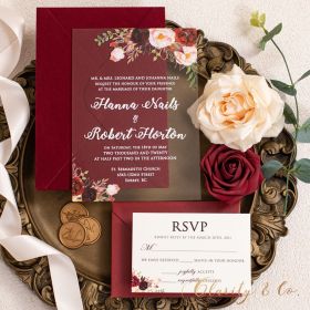 Affordable Burgundy Rose Acrylic Wedding Invitation CAX022