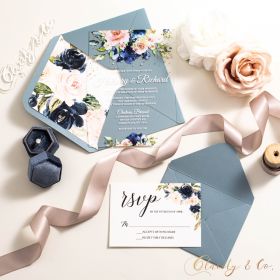 Navy And Pink Floral Clear Acrylic Wedding Invitations CAX033