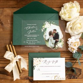 Romantic photo custome acrylic wedding invitations with floral geometric design CAX074