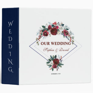 Charm Geometric Burgundy Floral Navy Wedding Album 3 Ring Binder