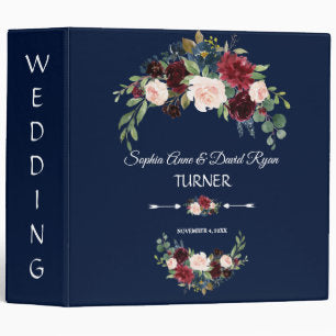 Charm Merlot Navy Blue Blush Floral Wedding Album 3 Ring Binder