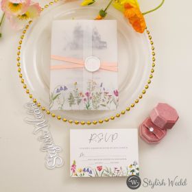 Charming Venue Sketch Acrylic Wedding Invitation With Wildflower Vellum Wrap Sapv036