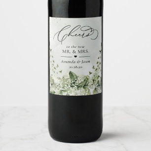 Cheers To Wedding Sage Green Foliage Botanical Wine Label