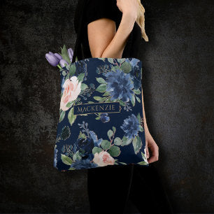 Chic Blooms Dark Navy Blue and Blush Monogram Tote Bag