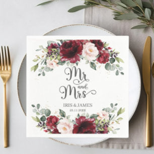 Chic Burgundy Blush Pink Floral Wedding Mr & Mrs Napkins