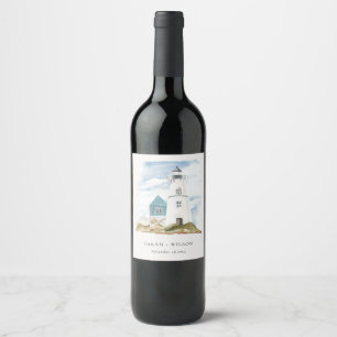 Chic Dusky Aqua Blue Lighthouse Mountain Wedding Wine Label