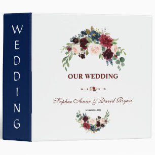 Chic Merlot Navy Blue Blush Floral Wedding Album 3 Ring Binder
