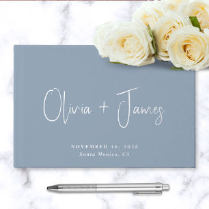 Chic Script Photo Dusty Blue Wedding Foil Guest Book