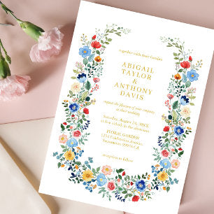 Chic Wildflower Wreath Gold Script Garden Wedding Invitation