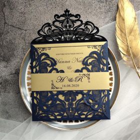 Unique Laser Cut Navy Blue Wedding Invitations With Belly Band Swws001