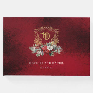 Classic Christmas Floral Crest Monogram Wedding Guest Book