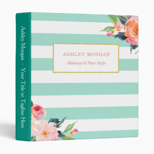 Classy Botanical Floral Mint Green White Stripes Binder