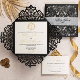 Shiny Black Laser Cut Wedding Invitations With Printed Belly Band CLCI046