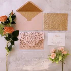 Clear Acrylic Wedding Invitation With Blush Pink Laser Cut Pocket Sapl001