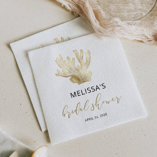 Coastal Gold Sea Coral Black Bridal Shower Napkins