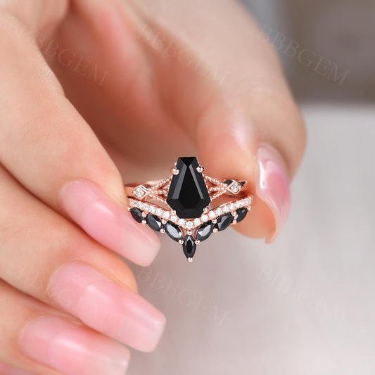 Gothic Coffin Shaped Wedding Set Black Onyx 14k Gold Ring & Marquise Cut Black Spinel Ring
