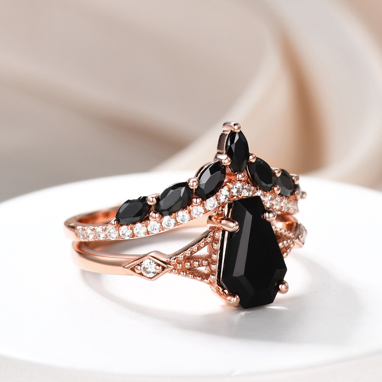 Gothic Coffin Shaped Wedding Set Black Onyx 14k Gold Ring & Marquise Cut Black Spinel Ring