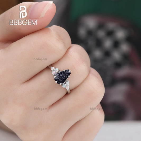 Geometric Galaxy Blue Sandstone Coffin Cut Ring With Cluster Round Opal Sidestones Ring