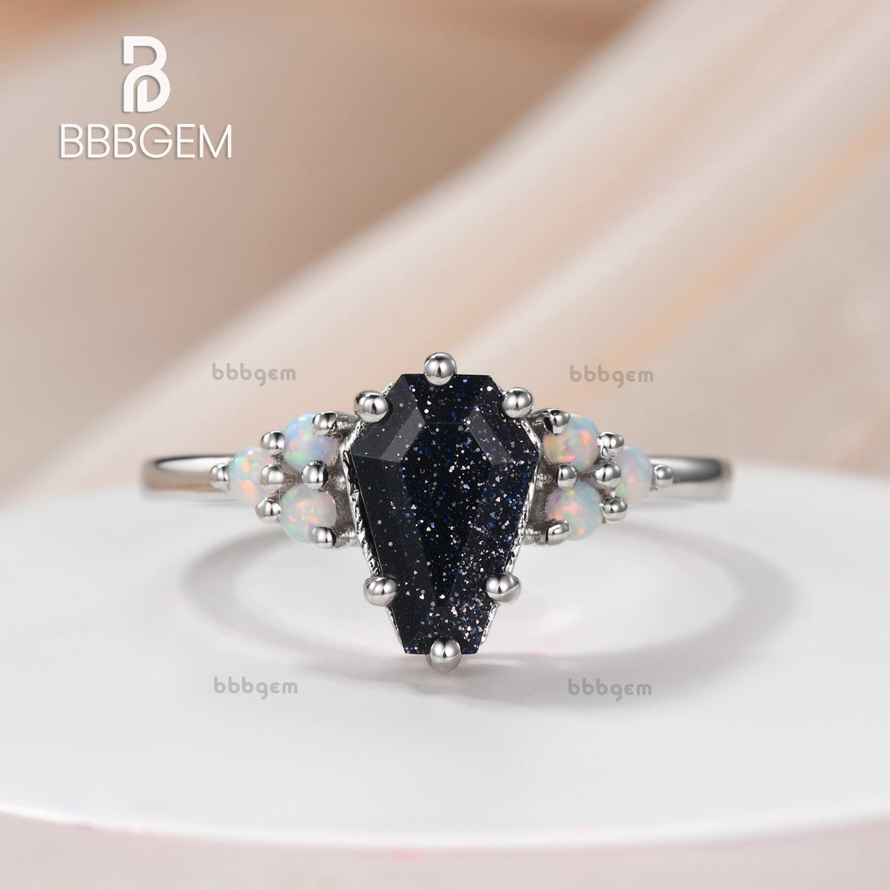 Geometric Galaxy Blue Sandstone Coffin Cut Ring With Cluster Round Opal Sidestones Ring