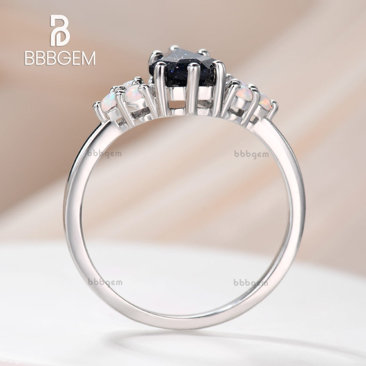 Geometric Galaxy Blue Sandstone Coffin Cut Ring With Cluster Round Opal Sidestones Ring