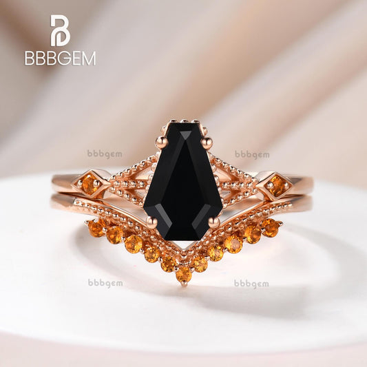 Him Black Spinel Coffin Wedding Ring Set With Yellow Citrine Milgrain Curve Band Gold