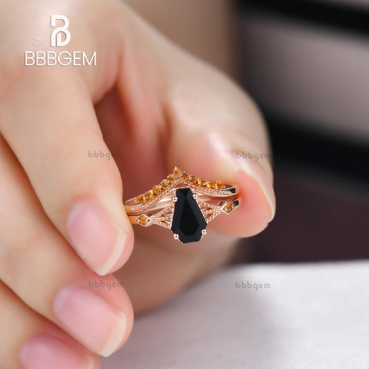 Him Black Spinel Coffin Wedding Ring Set With Yellow Citrine Milgrain Curve Band Gold